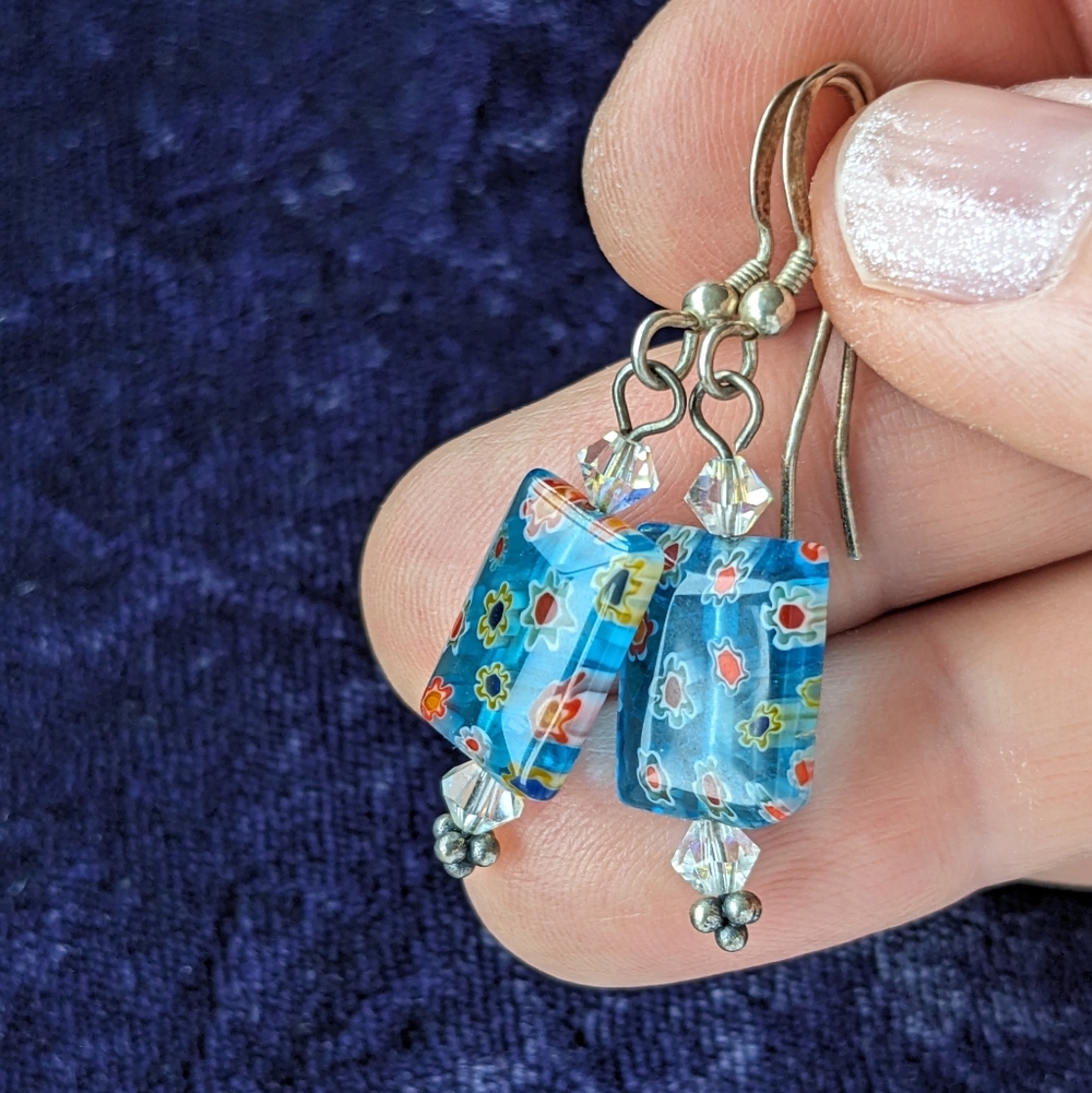 Vintage 925 Sterling Silver Millefiori Murano Glass Floral Drop Earrings